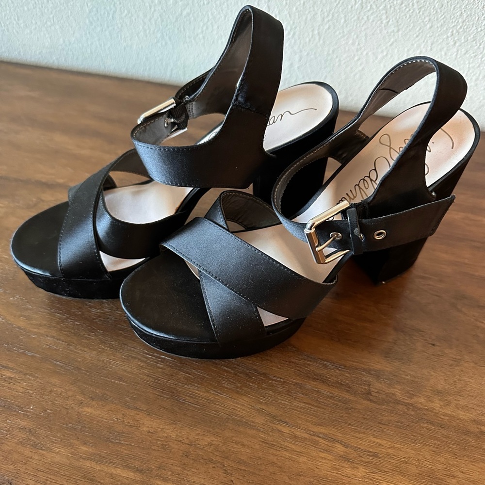 Lily Edelman Satin Platform Heels With Satin Cross Over Straps and Buckle - Picture 1 of 5